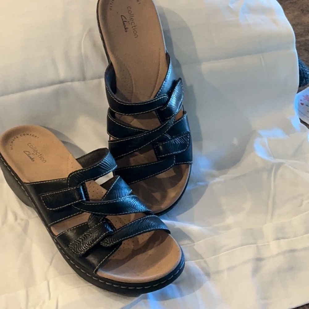 Clarks Black Multi-Strap Leather Slide Sandals